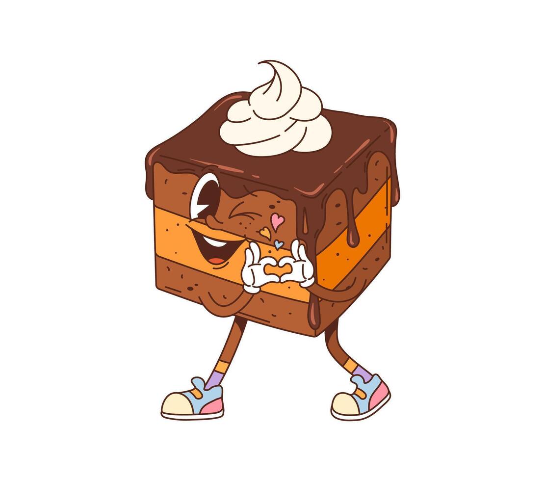 Retro hippie groovy cake dessert character vector