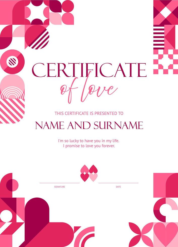 Valentines Day love certificate, geometric pattern vector
