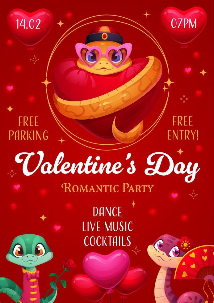 Valentine day party flyer, cartoon snakes, hearts vector