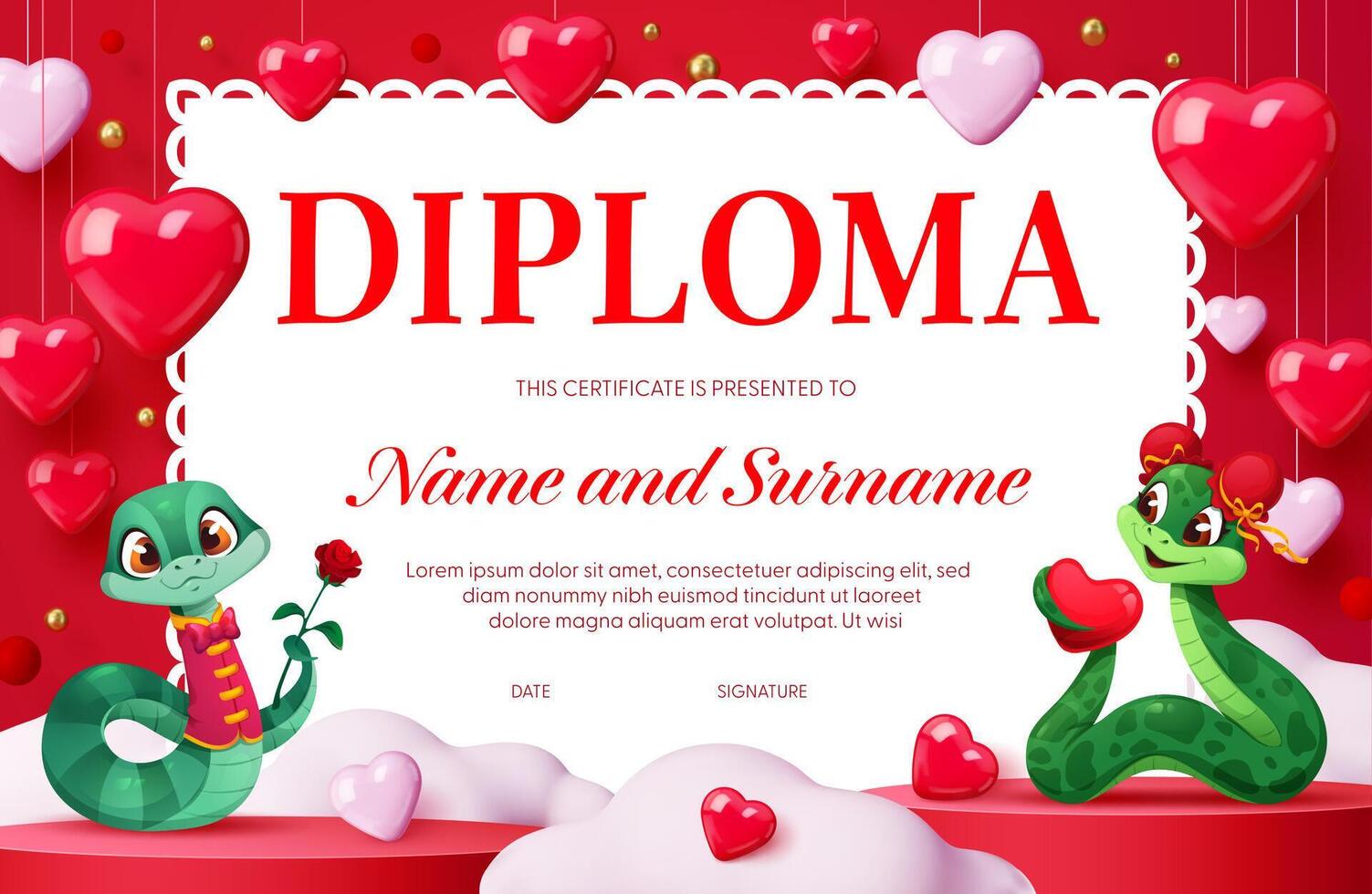 Valentine day diploma with funny cartoon snakes vector