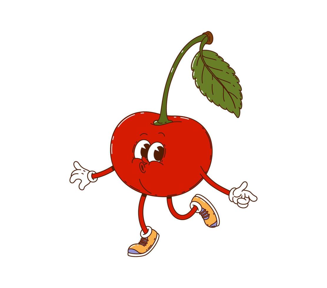 Cartoon groovy cherry berry character whistling vector