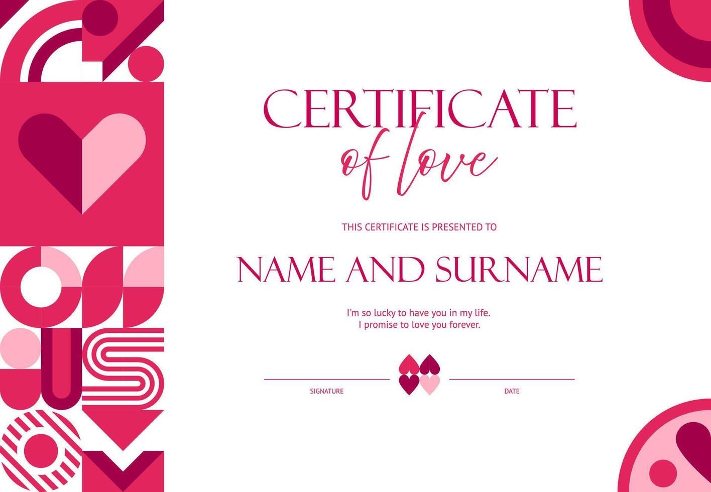 Valentine Day holiday love certificate with hearts vector