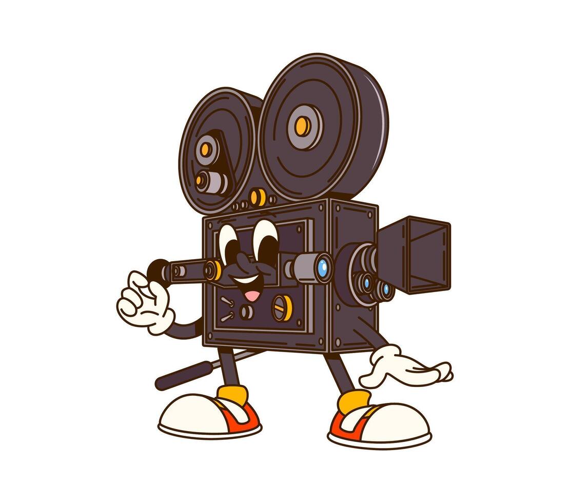 Cinema movie cartoon groovy retro camera character vector