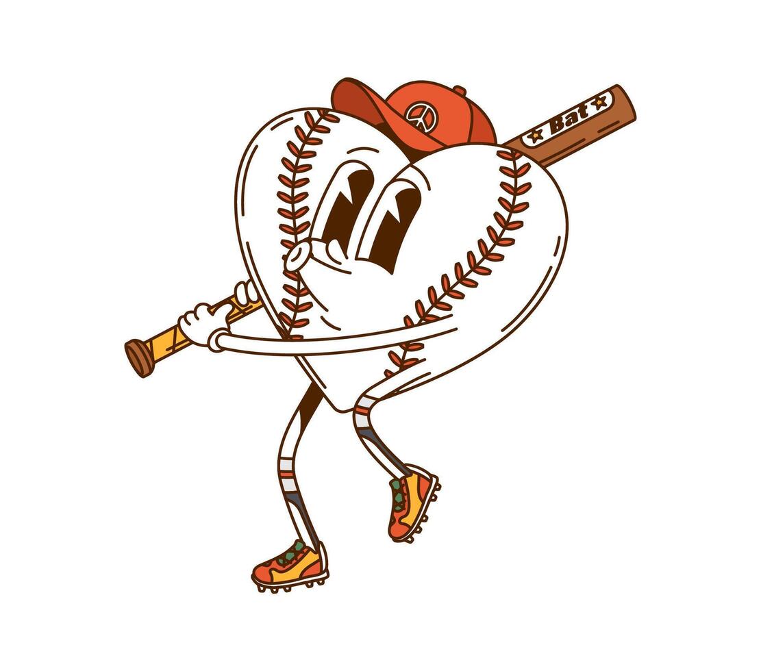 Cartoon groovy baseball heart character with bat vector