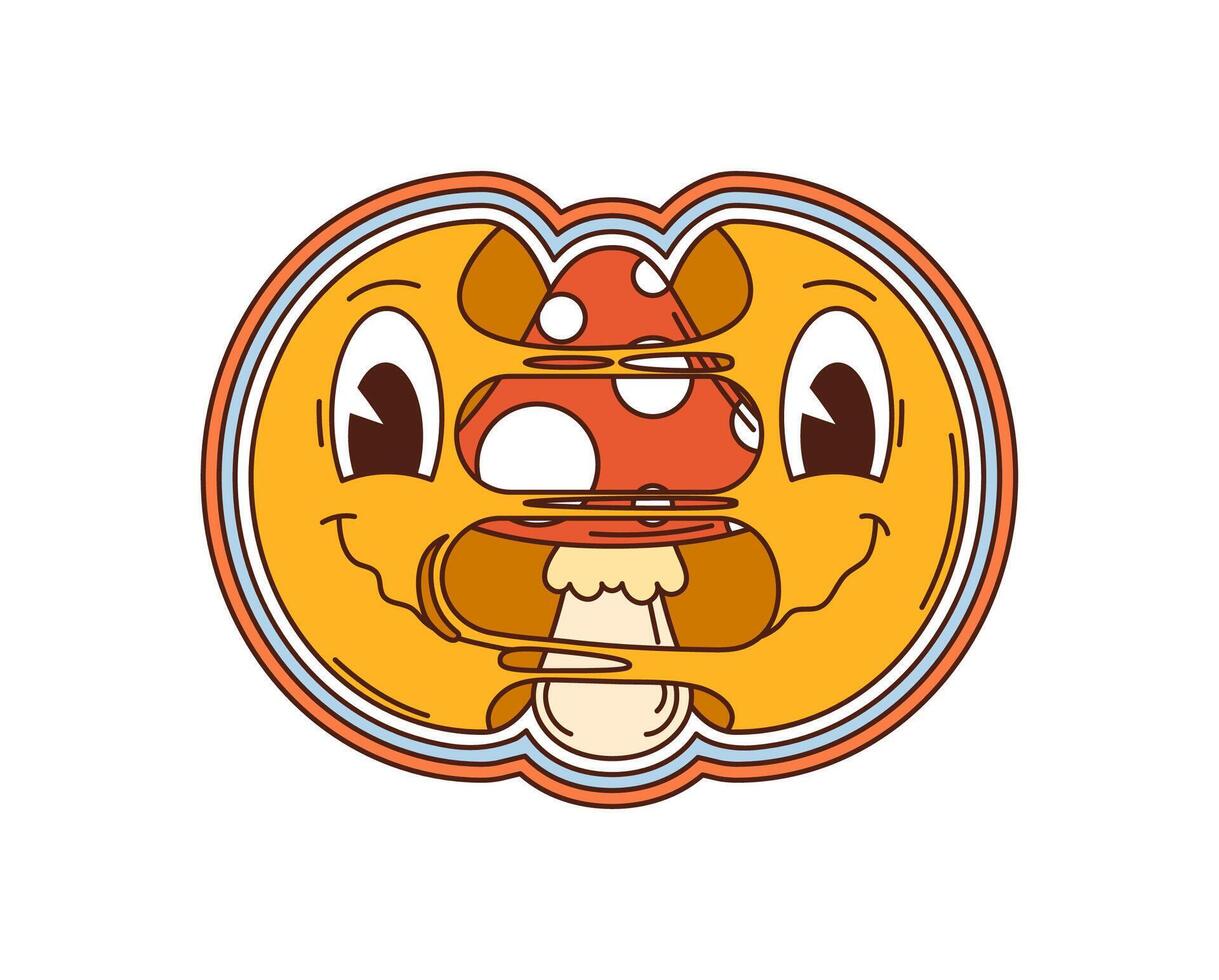 Cartoon groovy yellow smile face with mushroom vector