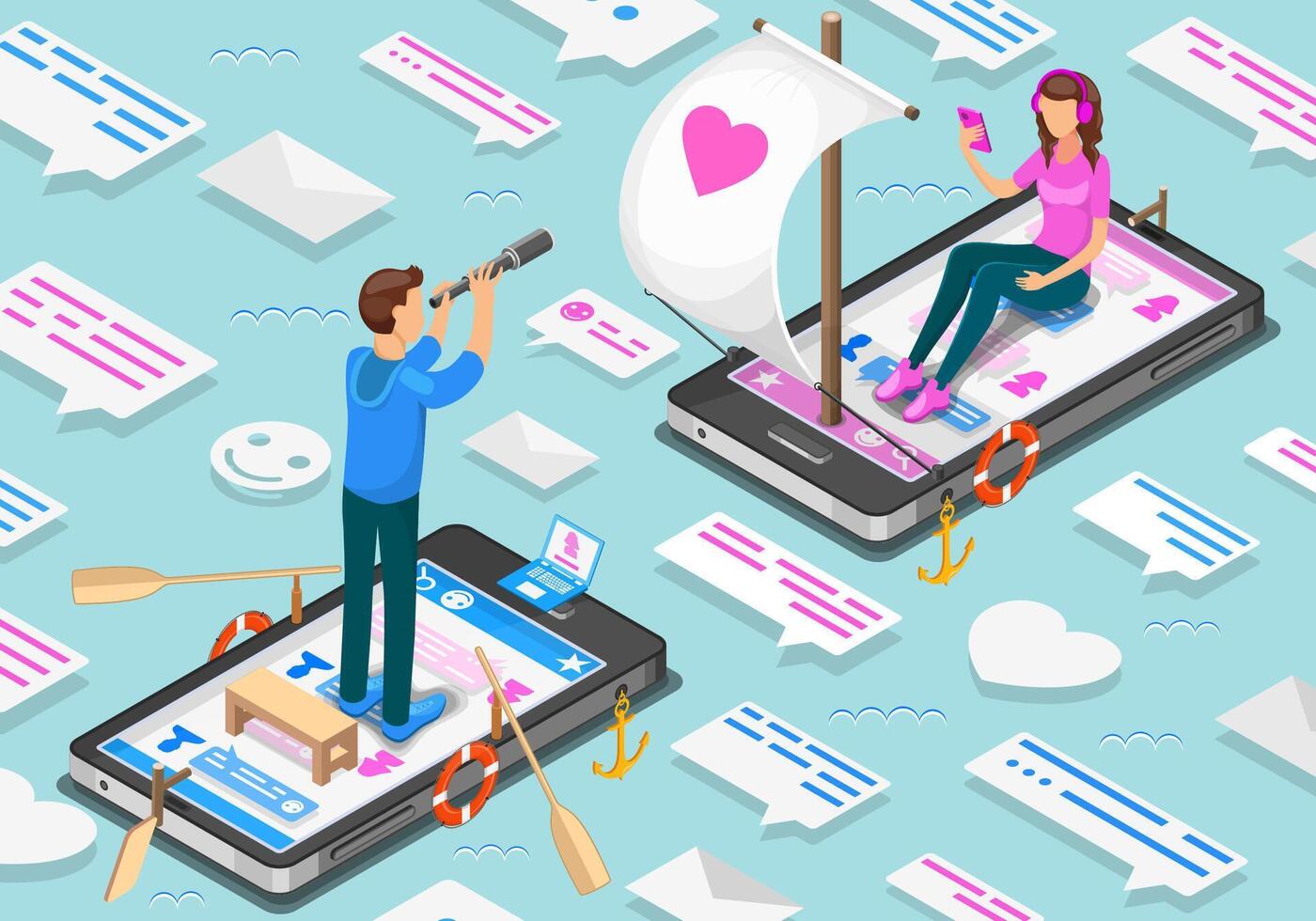 Isometric concept of virtual relationships and online dating. Teenagers exploring social networks for a match. Illustration vector