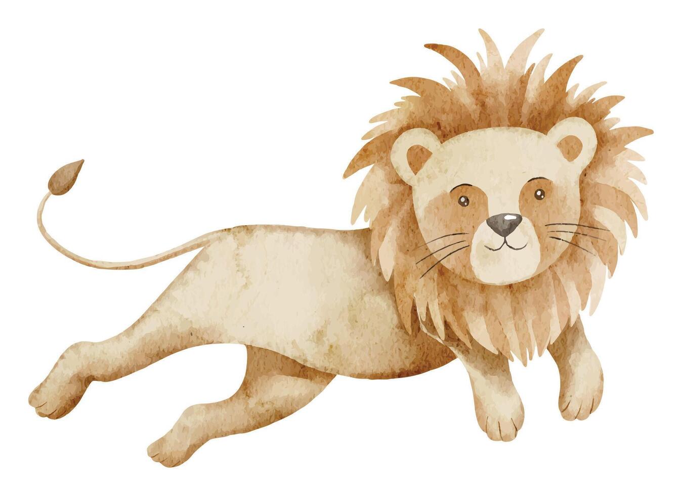 Watercolor illustration of a playful Leaping Lion in Circus. Drawing of big cat for childish greeting cards or baby shower invitations. Art with carnival animal in pastel colors for nursery design. vector