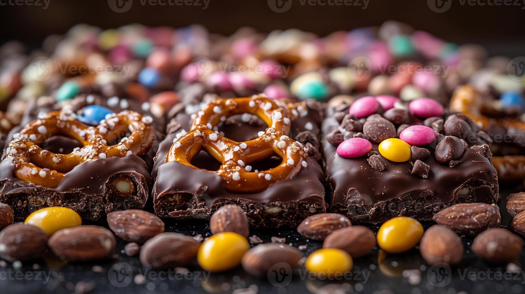Elegant arrangement of chocolatecovered pretzels candycoated almonds caramel bites on a reflective surface photo