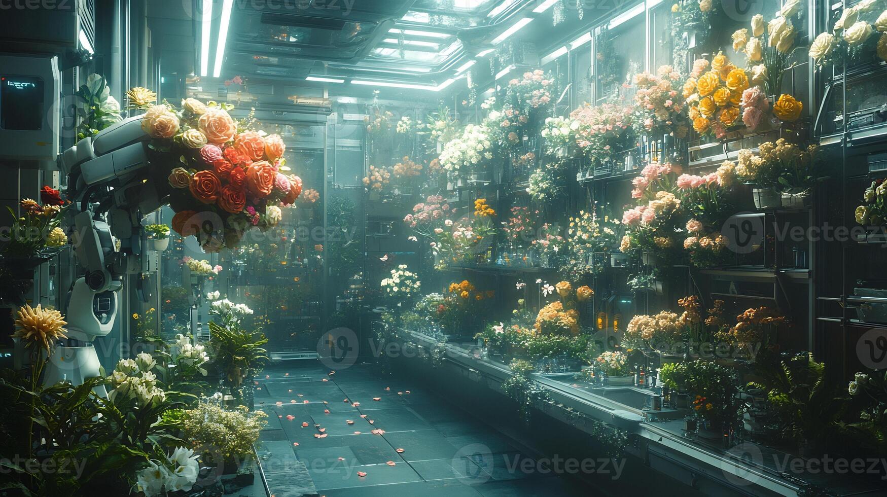 Futuristic flower shop with robotic arrangements of exotic orchids and roses, featuring gently hovering petals in a blend of technology and nature photo
