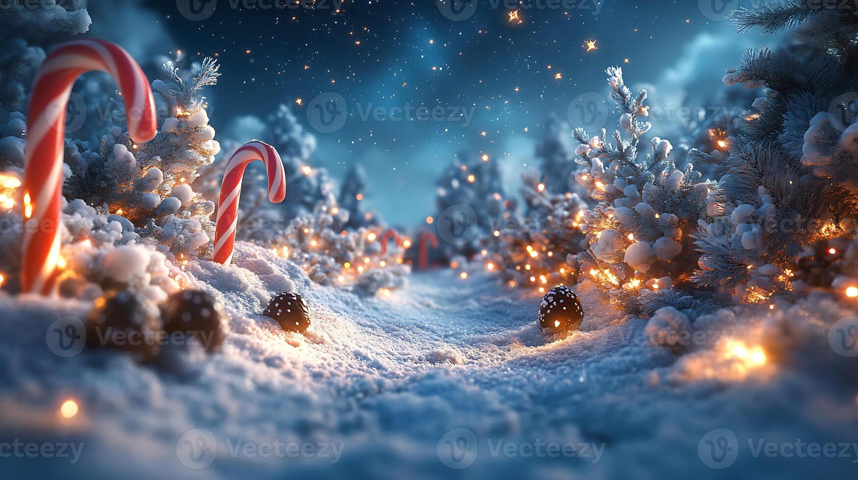 Snowy candy scene truffles and candy canes nestled in a winter wonderland setting photo