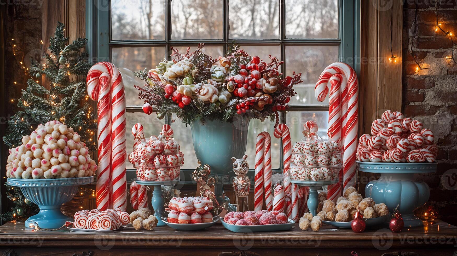 Festive table display colorful candy canes sugar crystals and assorted sweets in a cheerful setting photo