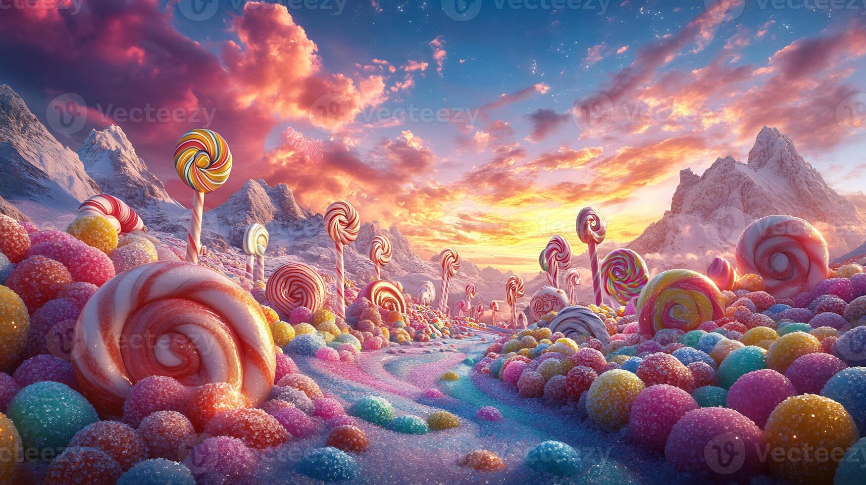 Magical candyland sparkling gumdrops colorful lollipops and candy canes in a whimsical landscape photo