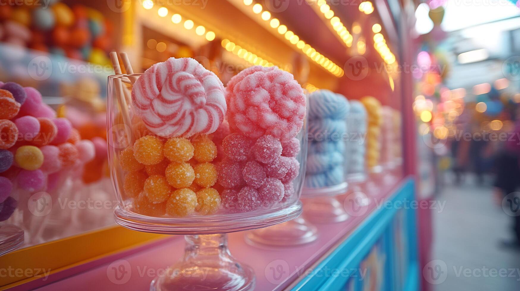 Vivid candy stand showcasing colorful sticks cotton candy bubblegum in a carnival theme photo