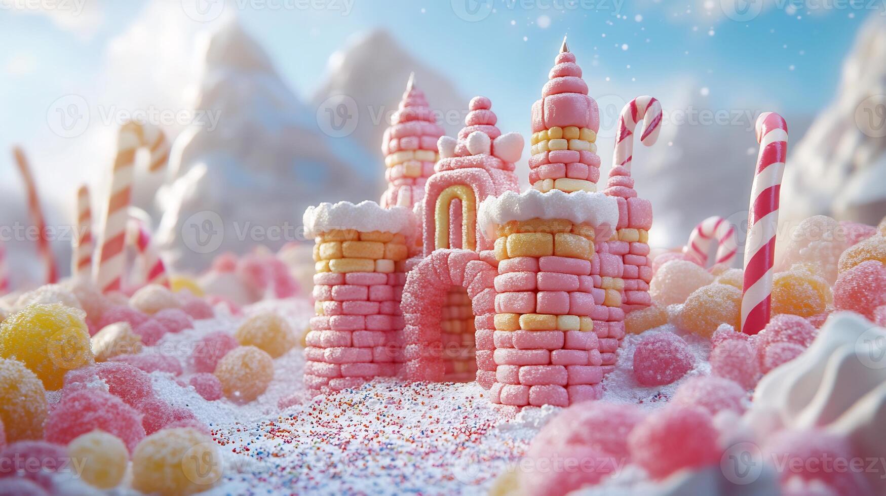 Playful candy castle crafted colorful sugar bricks and candy canes under a sunny sky photo