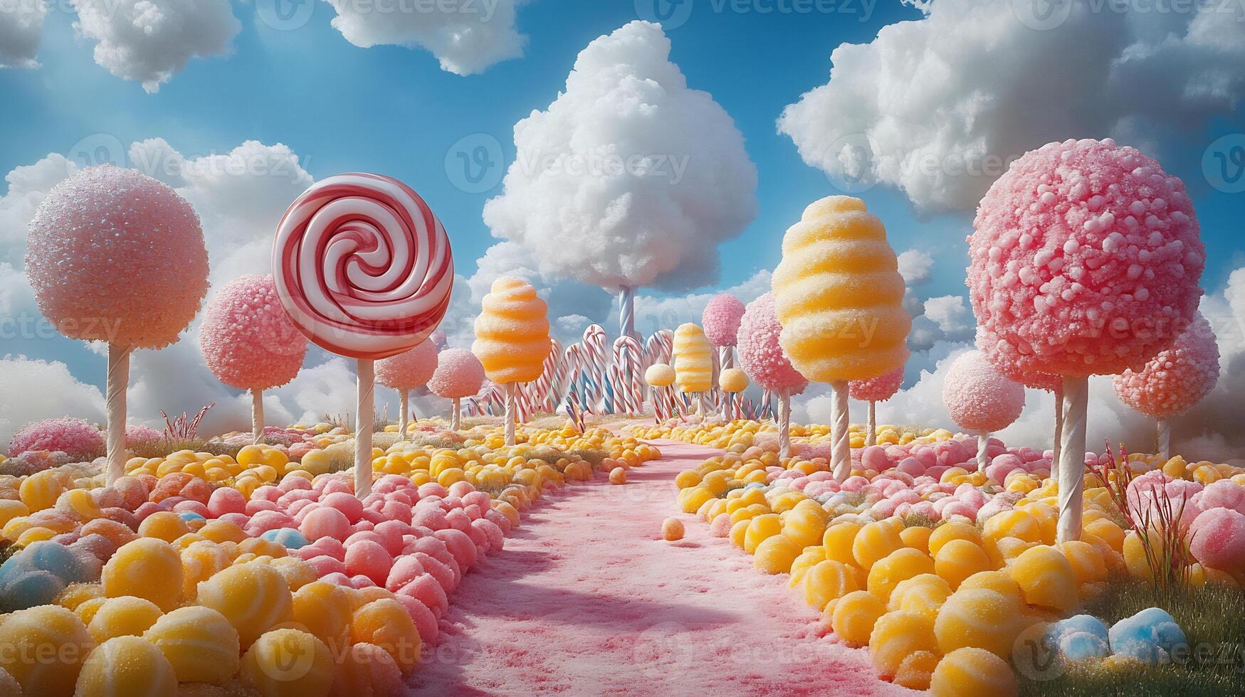 Imaginative candyland giant lollipops sparkling gumdrops and vibrant candy canes in a bright and cheerful setting photo