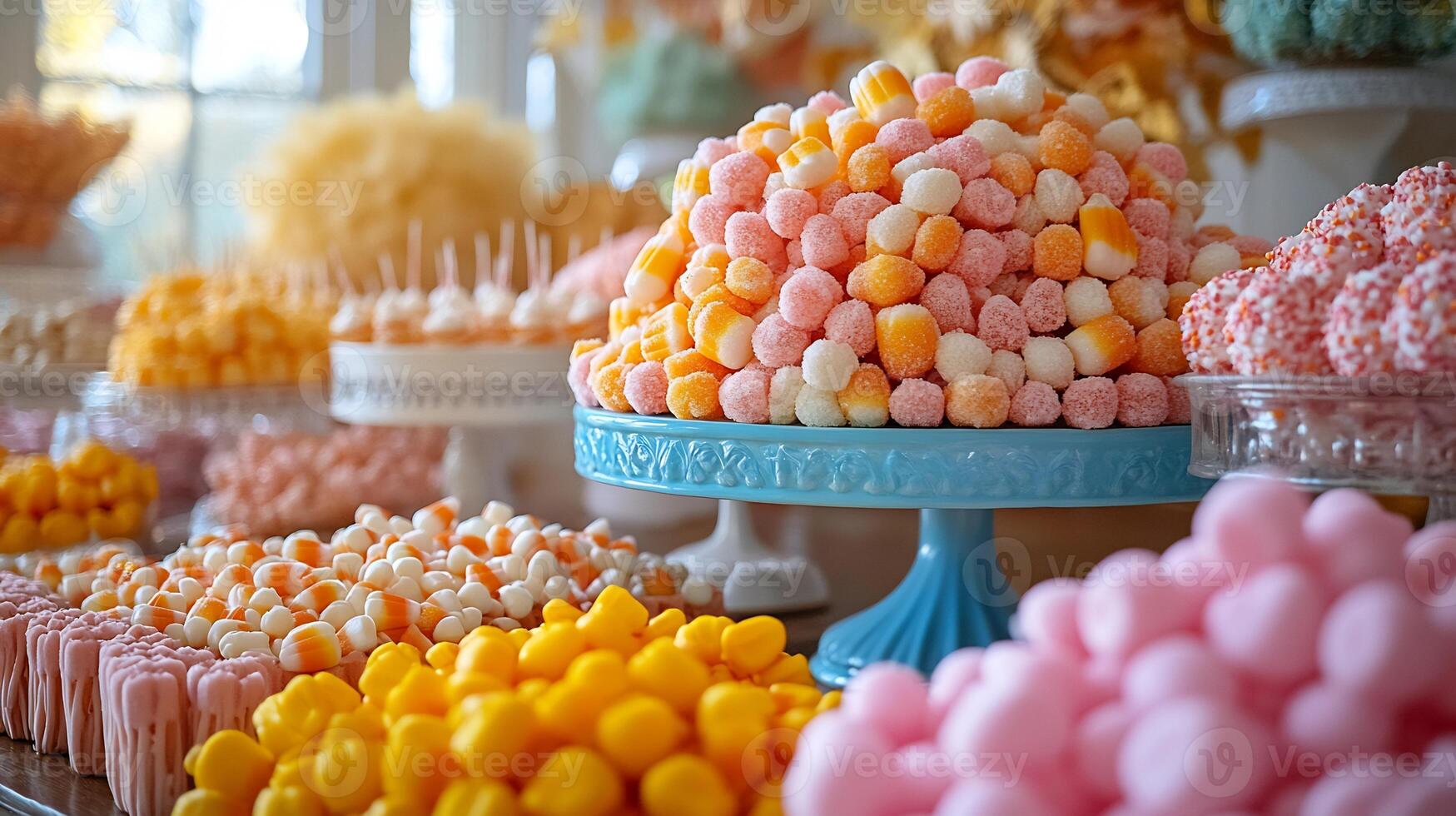 Vibrant candy corn fluffy cotton candy colorful sweets arranged on a festive table for a playful display photo