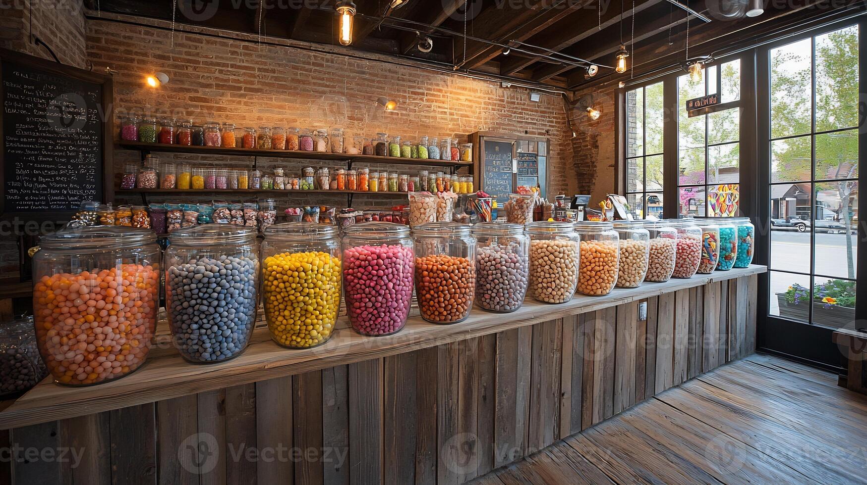 Cozy candy store counter displaying jelly beans lollipops in a welcoming atmosphere photo