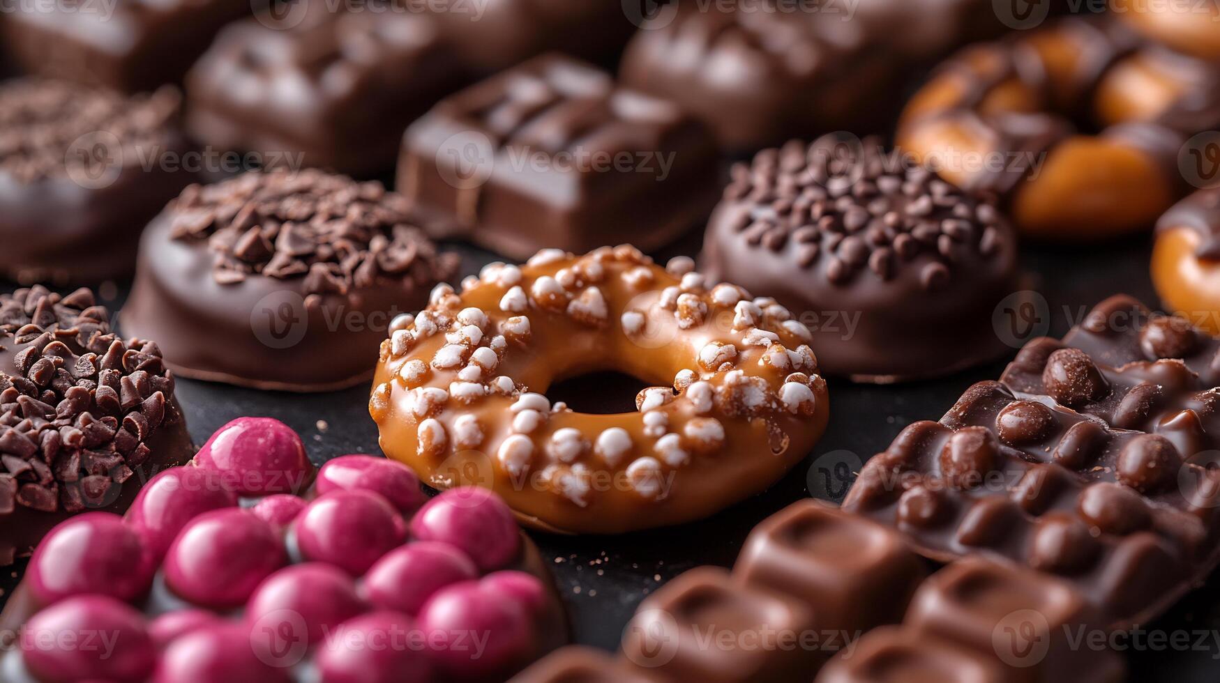 Assorted chocolate pretzels caramel candies candycoated drops on a dark polished surface photo