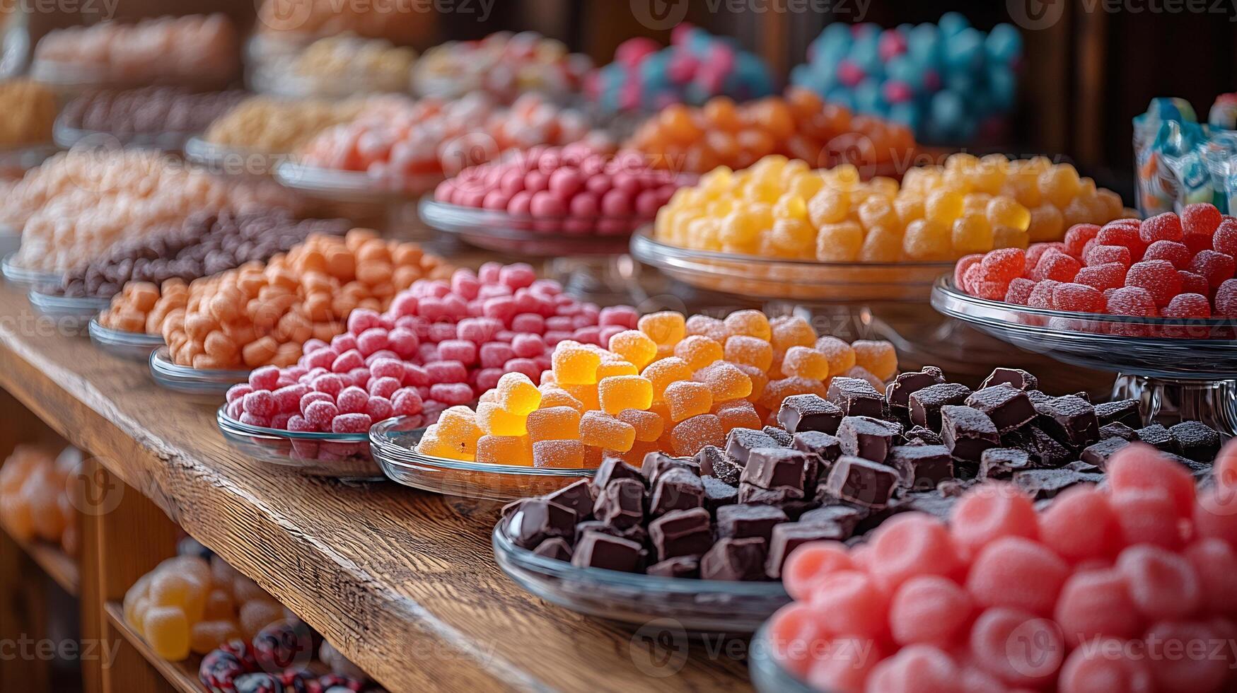 Candy buffet gummy bears lollipops and chocolate treats arranged in a festive layout photo
