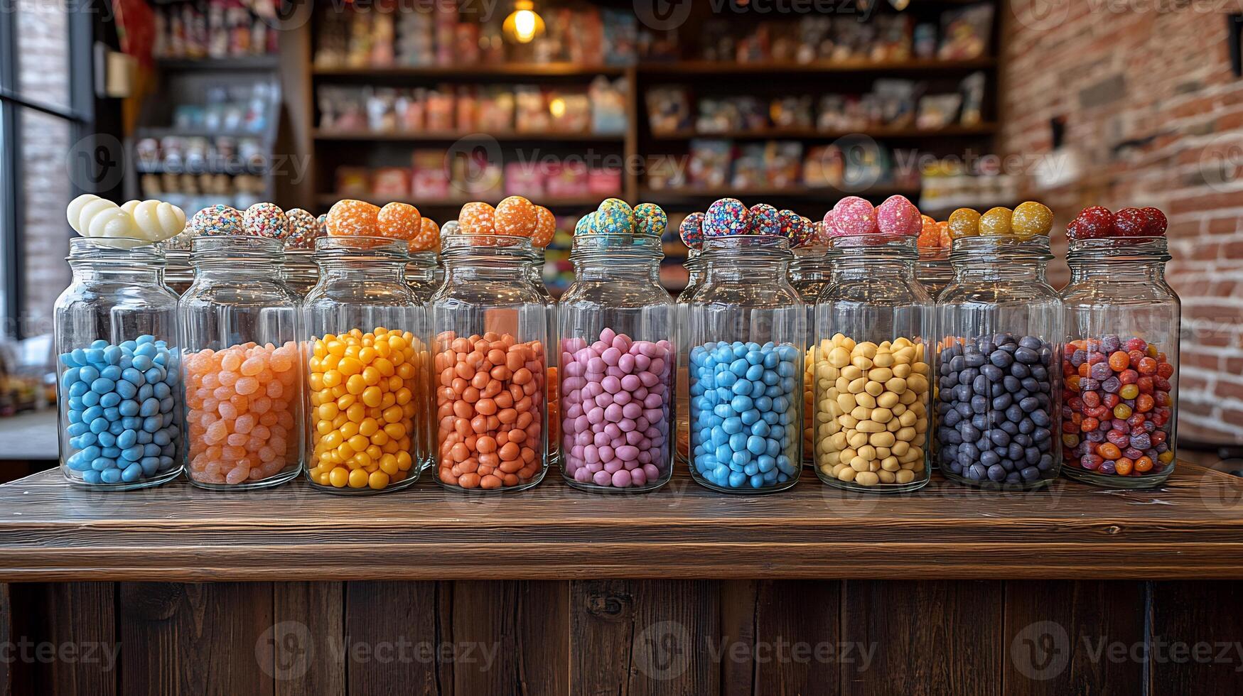 Candy shop display jars of colorful jelly beans lollipops and sugar sticks on rustic wooden shelves photo