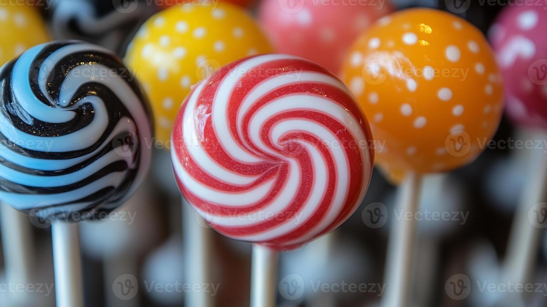 Closeup of artisanal lollipops vivid swirled patterns arranged neatly on a simple tabletop photo