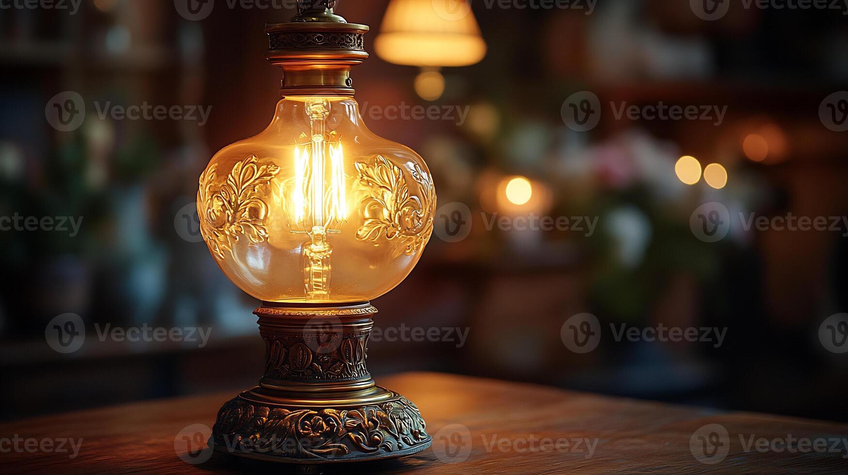 Elegant vintage brass lamp featuring glowing bulb casts warm light over a polished table its classic design adding sophistication to the rooms atmosphere photo
