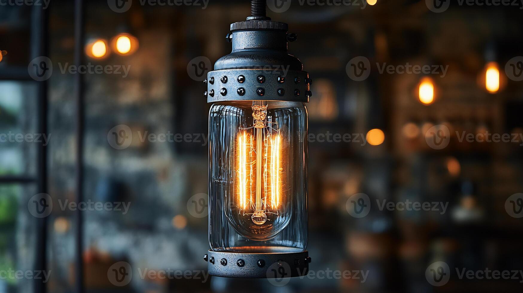Industrialstyle lamp a glowing filament bulb casting warm light accentuating the raw metal fixture and adding rustic charm and depth to modern interiors photo