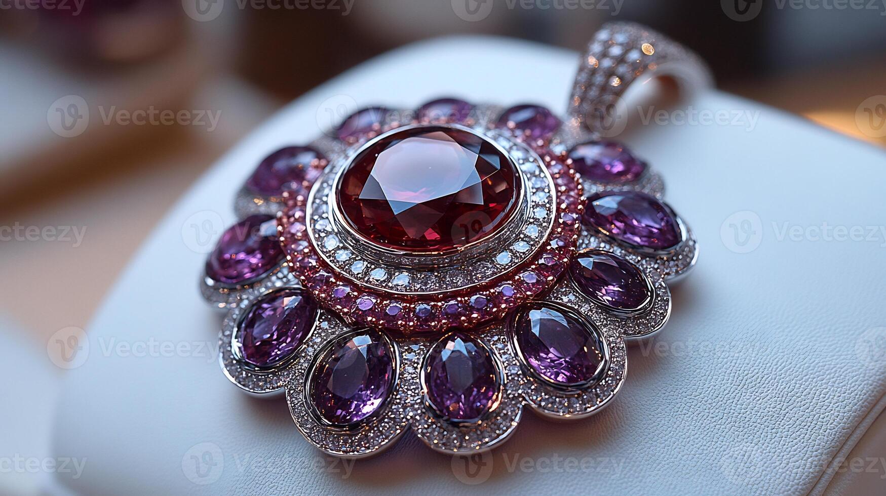 Ruby pendant amethyst and diamond accents an elegant accessory for bold fashion choices and a symbol of passion and clarity closeup capture on a pristine white backdrop photo