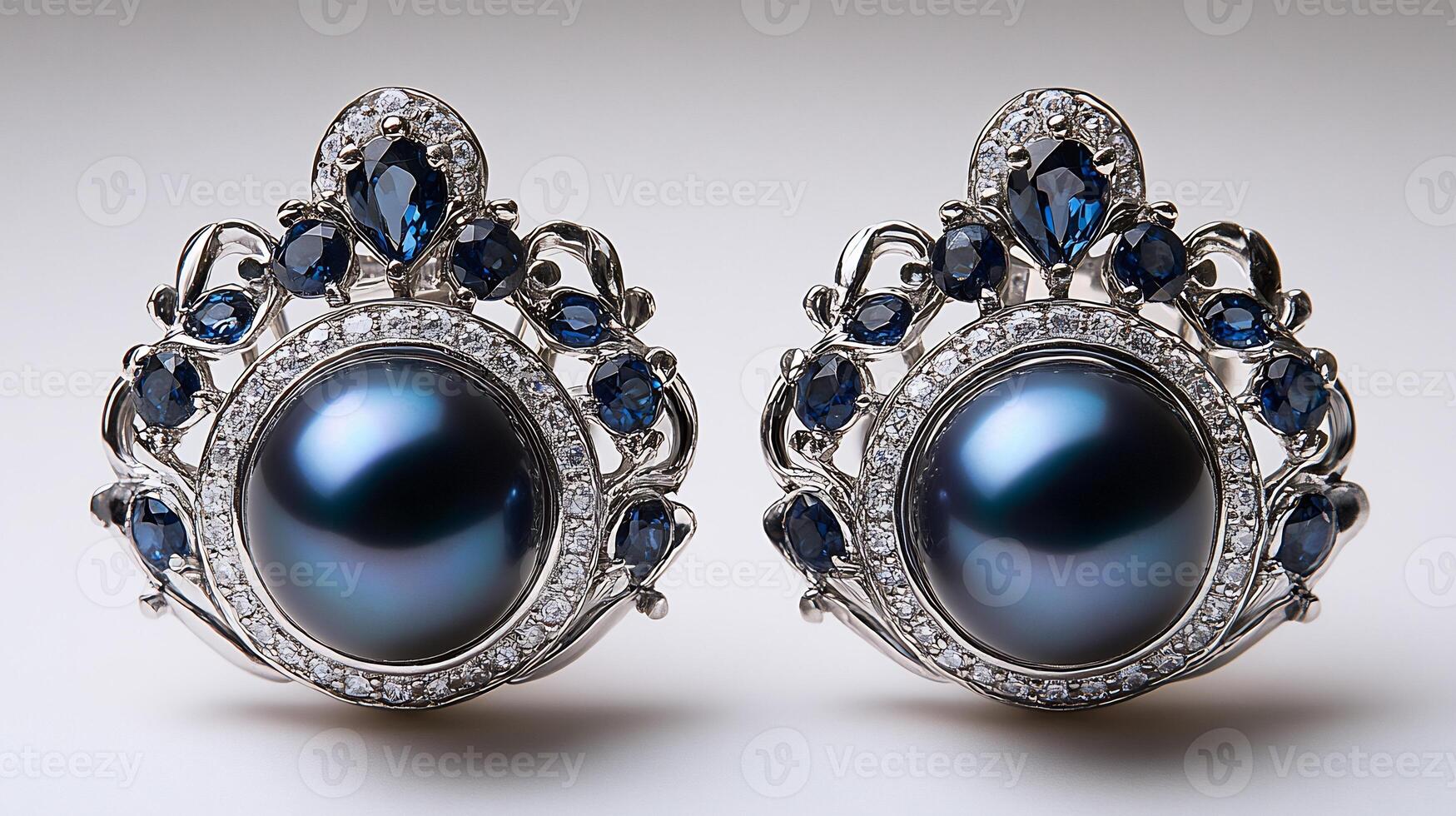 Earrings black pearls and sapphires in a silver frame closeup focus capturing the textures and brilliance on a white background photo