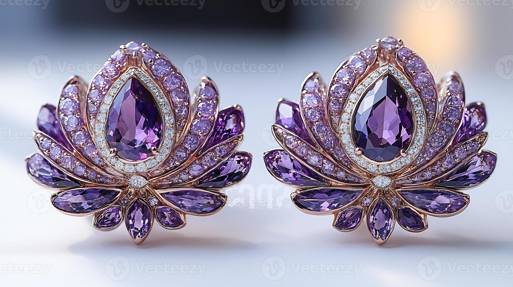 Earrings featuring diamonds amethysts in an elegant style closeup capturing their brilliance on a pristine white background photo