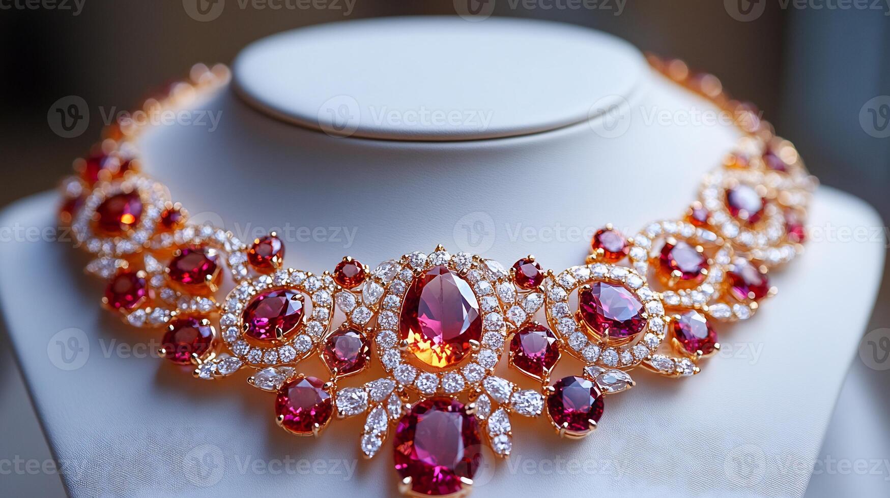 Necklace featuring citrine ruby stones in an intricate arrangement closeup shot capturing the luminous gems on a white background photo