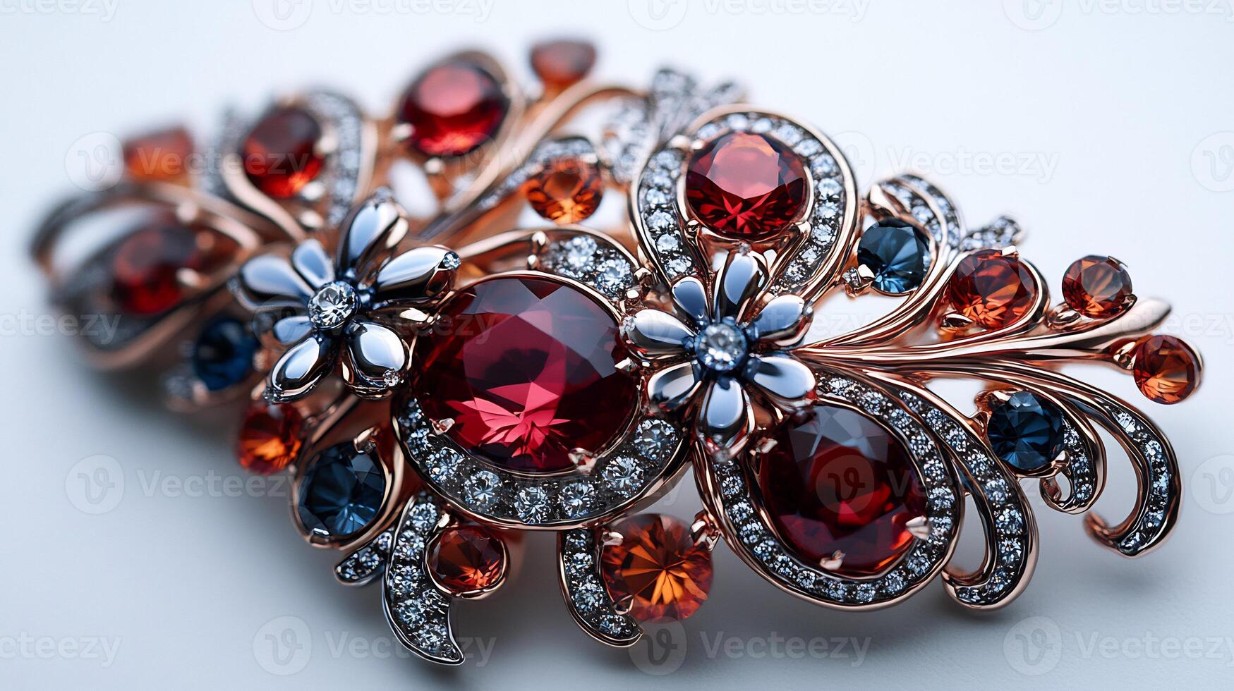 Brooch featuring garnet topaz stones in a flowing pattern blending the grounding energy of gemstones with timeless elegance closeup shot capturing intricate details against a white backdrop photo