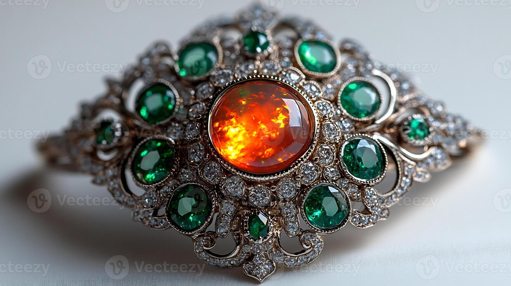 Brooch a central fire opal surrounded by emeralds and diamonds closeup field highlighting the glowing gems against a white backdrop photo