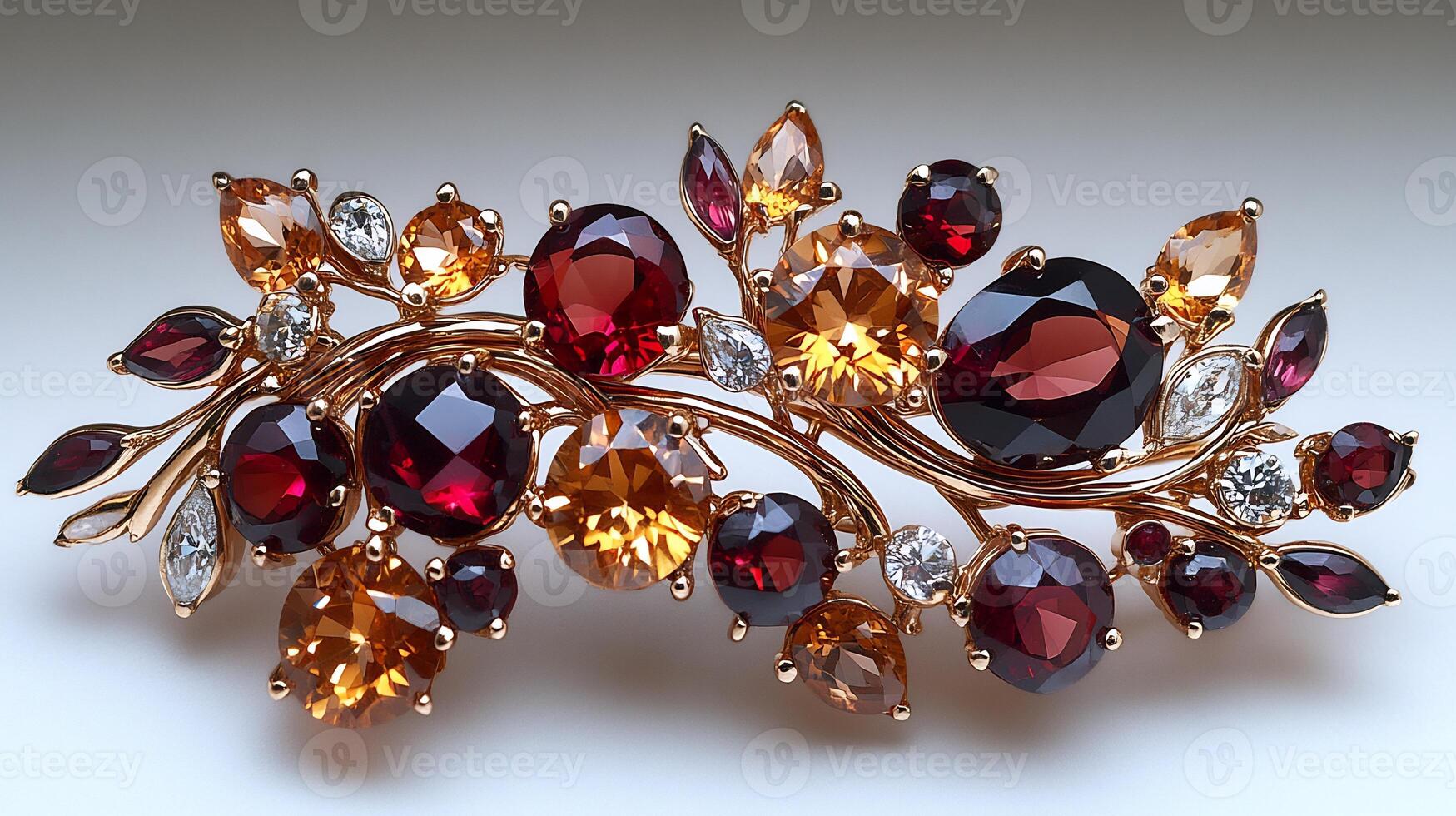Garnet citrine brooch in an abstract flowing design closeup view highlighting the luminous stones against a white backdrop photo
