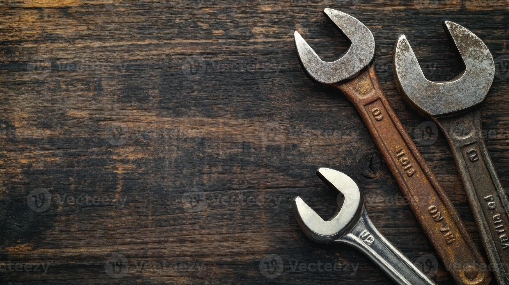 Wrenches on Wooden Background for DIY photo