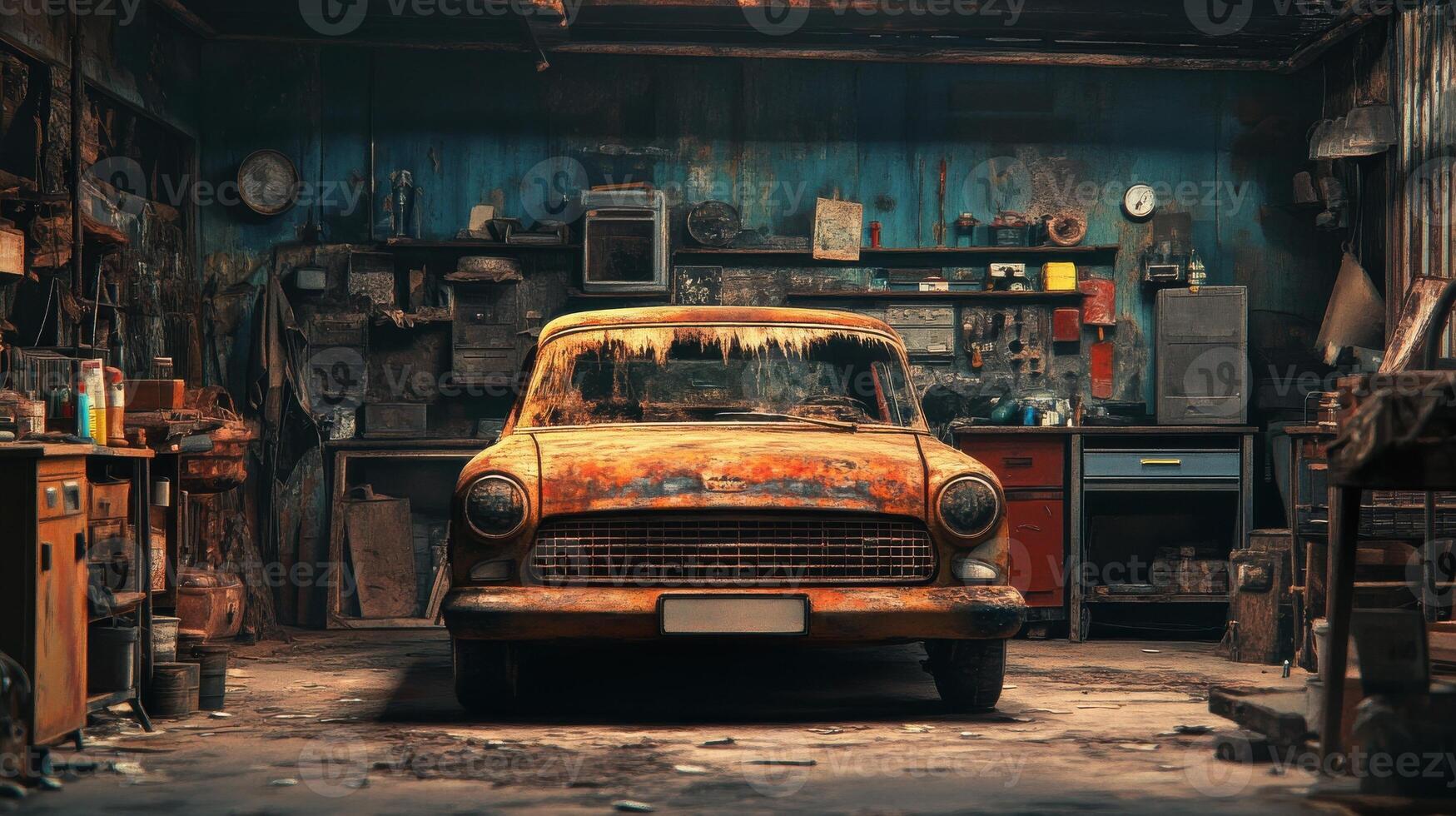 Rusty Car in Old Garage with Vibrant Background photo