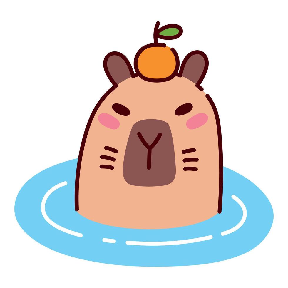 Cute Capybara Swimming in Water with Orange on Head Illustration in Flat Style. Only Head Visible. Adorable Cartoon Animal Design, Perfect for Children's Books, Stickers, Merchandise Projects vector