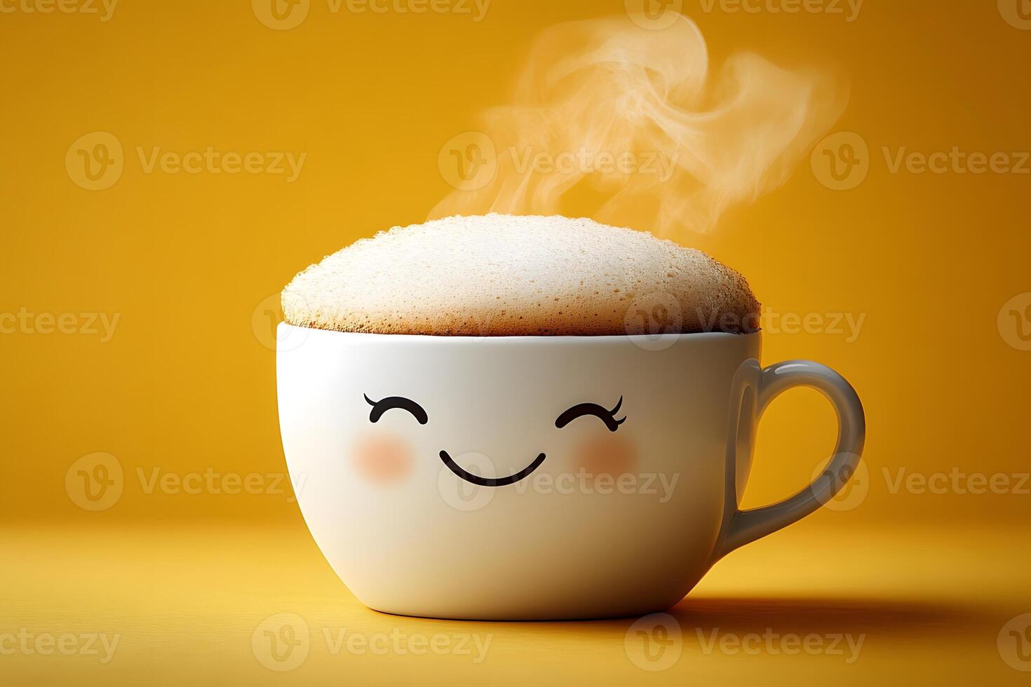 Whimsical Smiling Coffee Cup with Steaming Froth on Vibrant Yellow Background photo