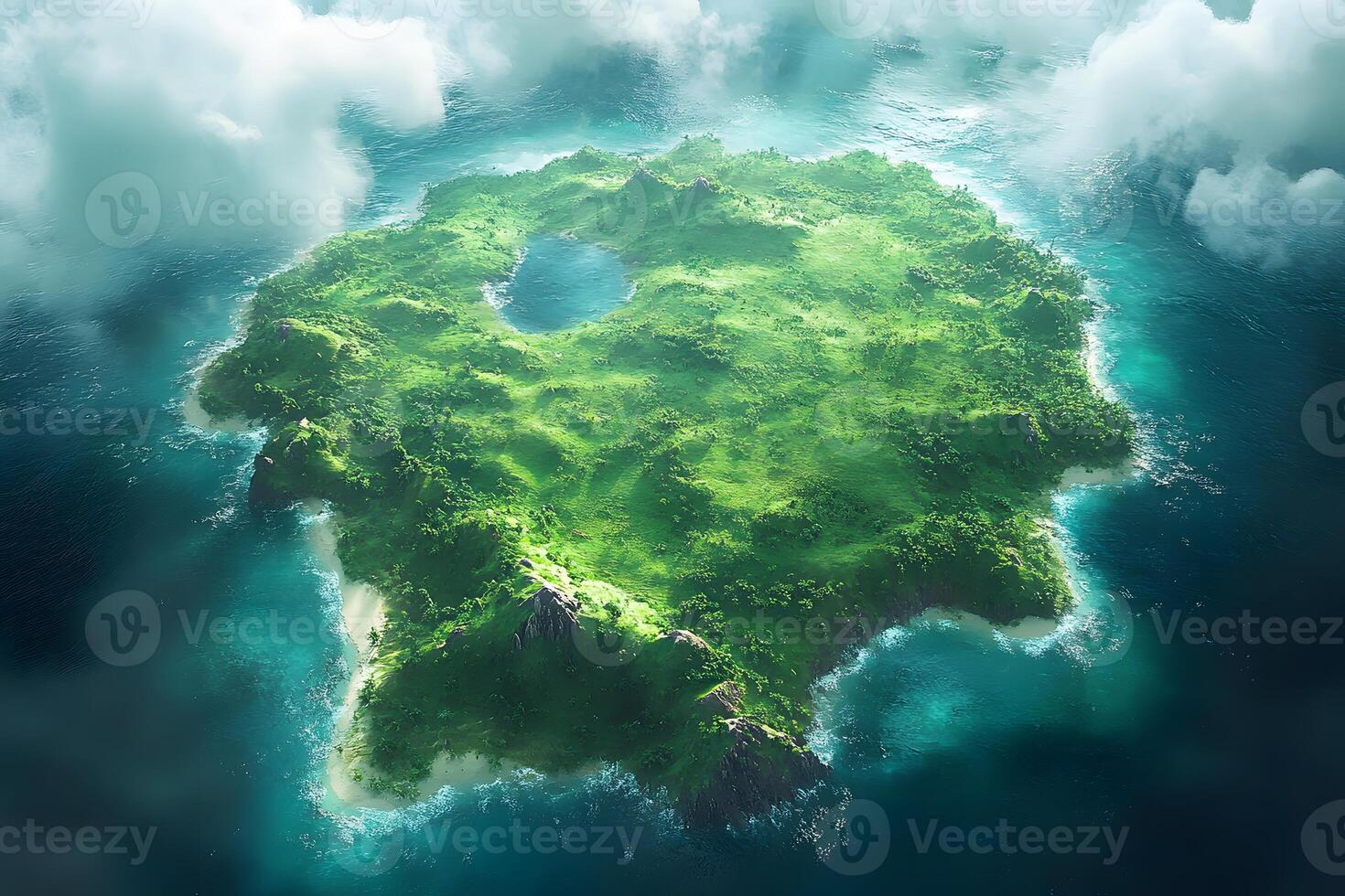 Aerial View of Lush Green Tropical Island Surrounded by Turquoise Ocean photo