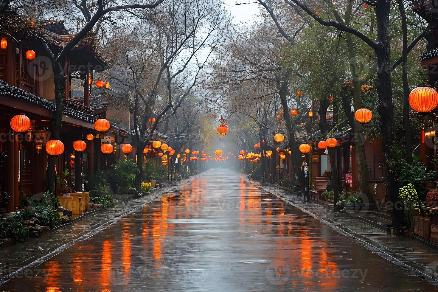Tranquil Rainy Street with Lanterns in Asian Cultural Setting for Postcards and Posters photo