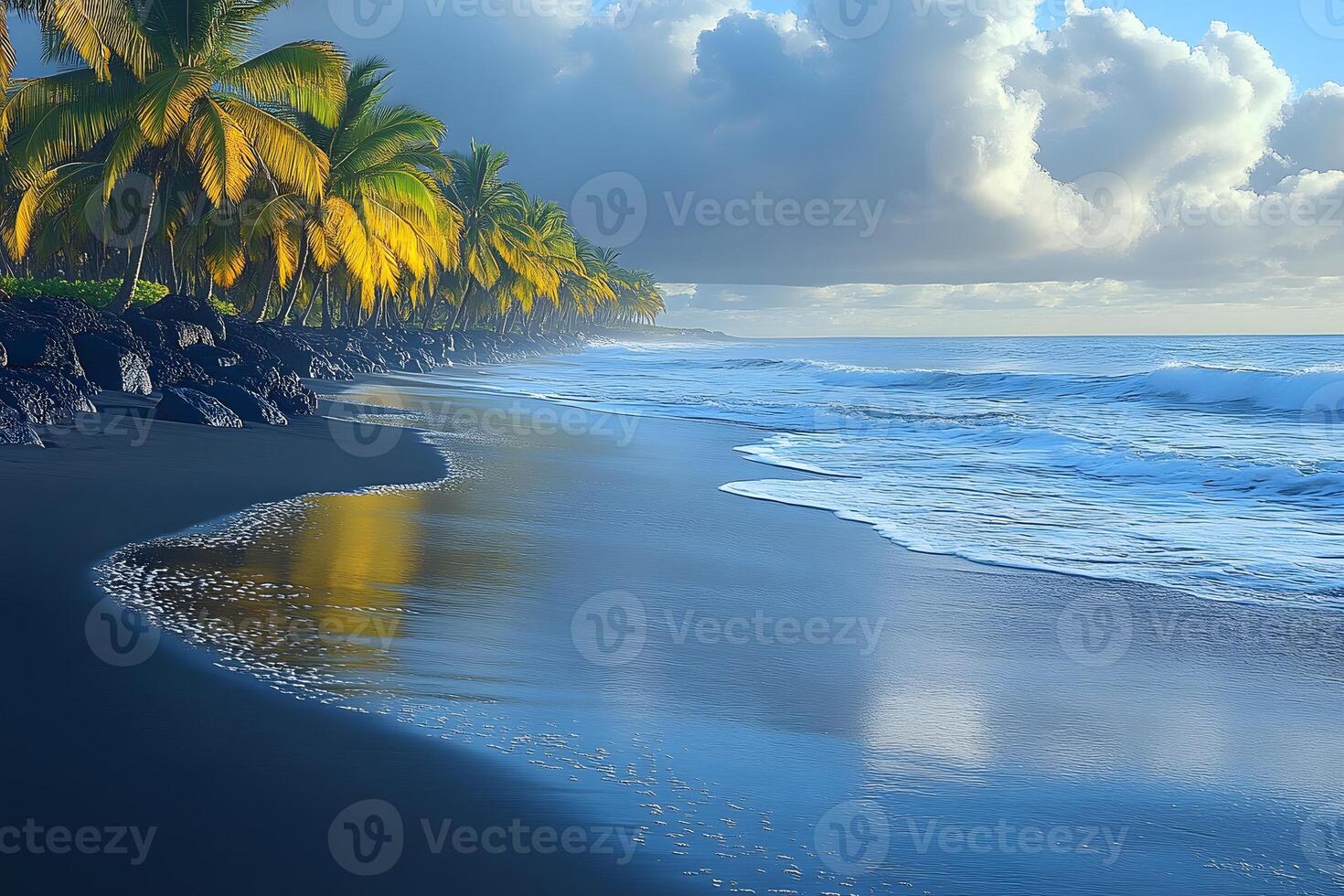 Serene Tropical Beach at Sunrise with Palm Trees and Ocean Waves photo