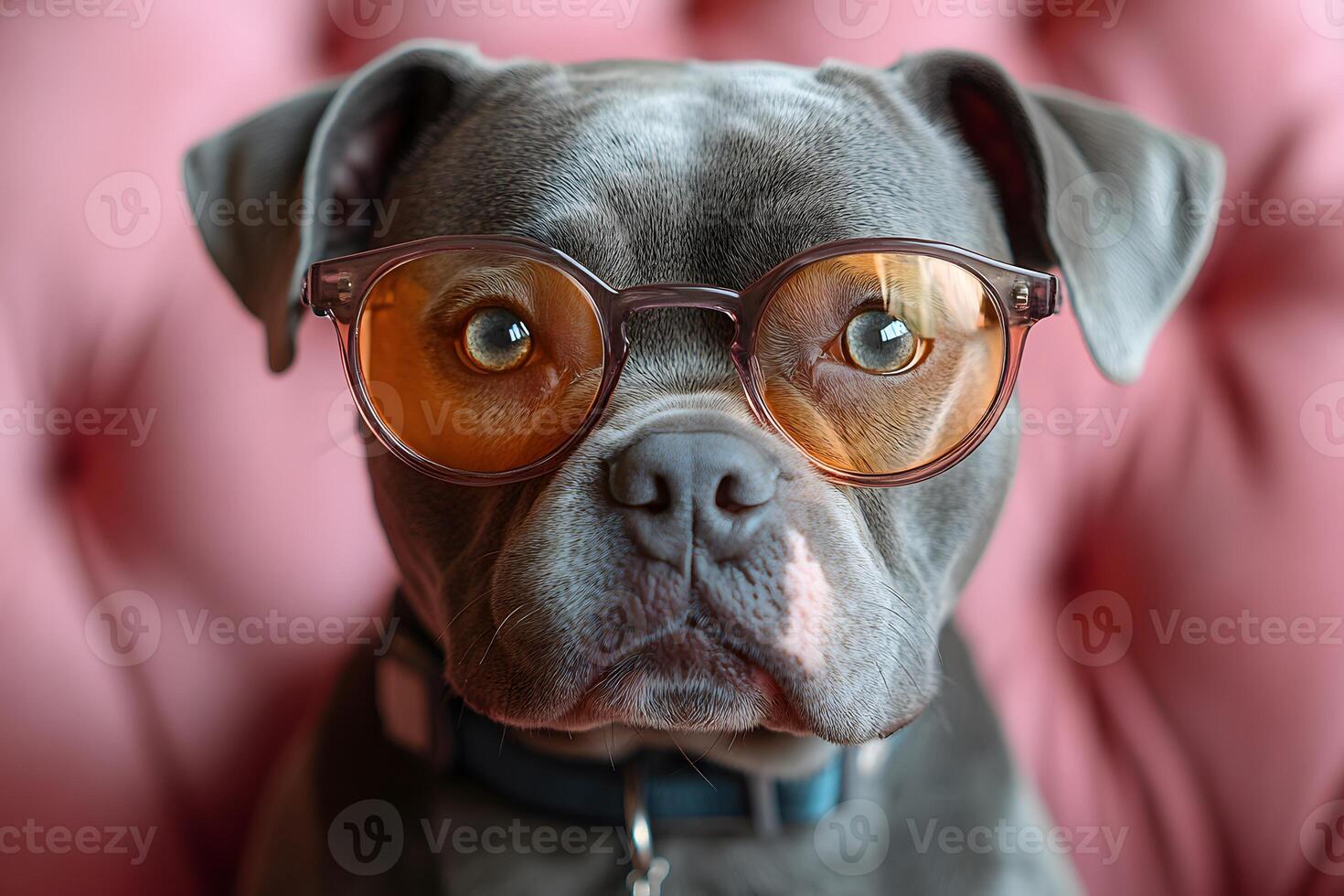 Trendy Gray Dog Wearing Stylish Orange Glasses on Pink Background for Pet Fashion Design photo