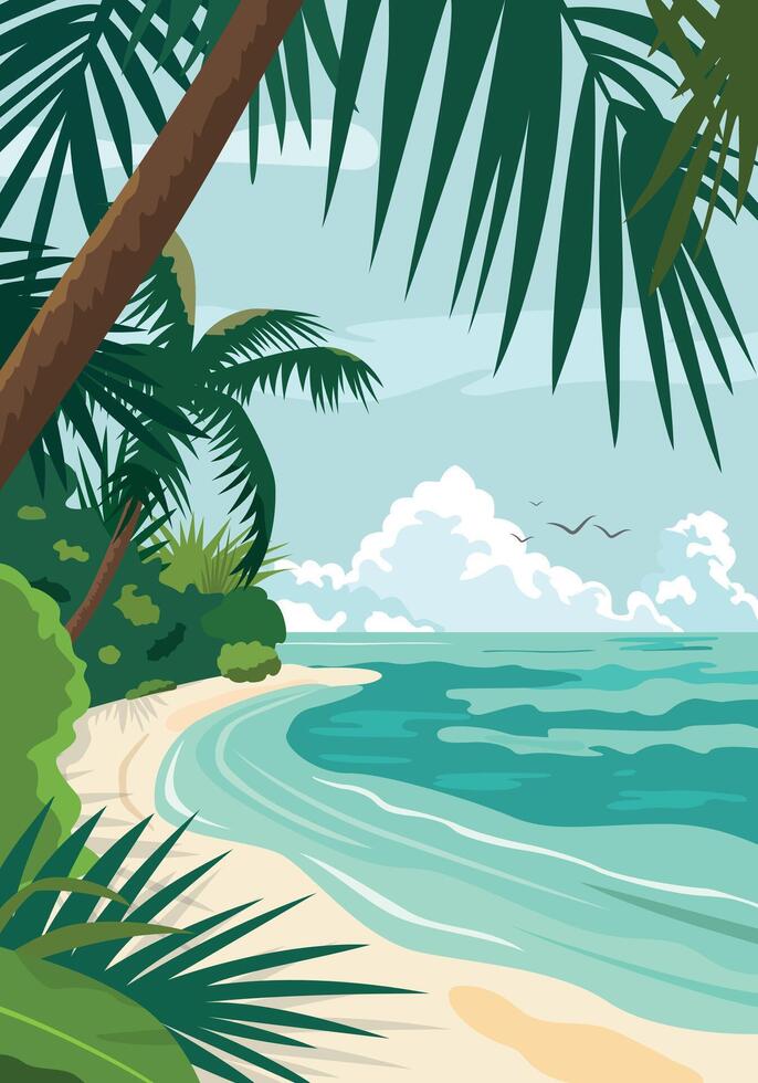 Tropical beach landscape with palm trees, clouds and the sea. Handmade drawing illustration. Design for poster or print vector