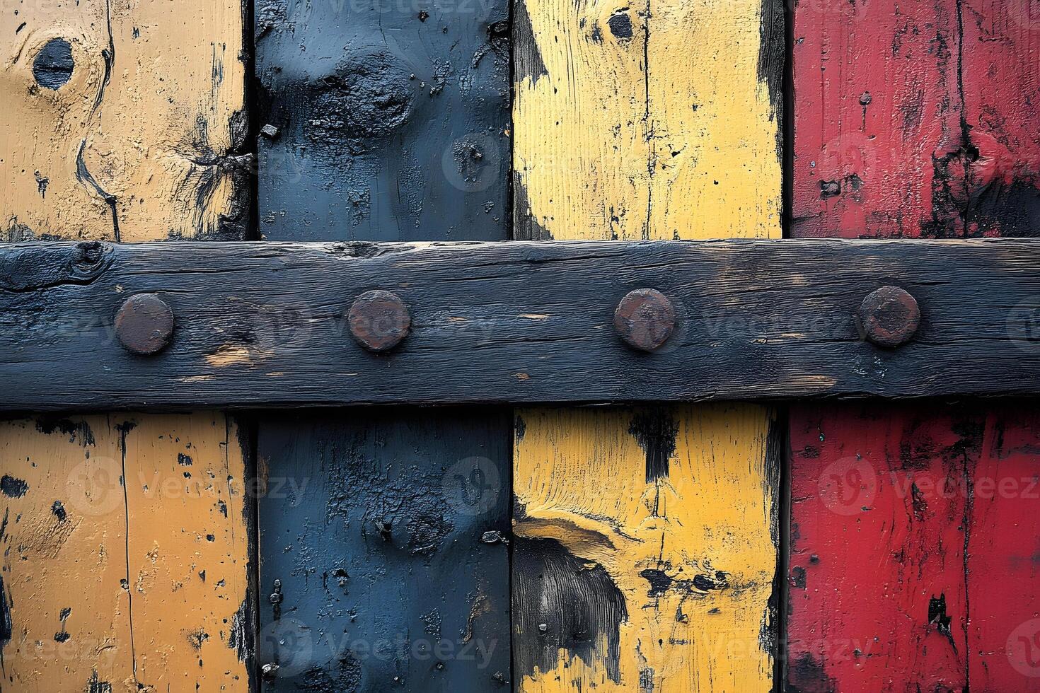 Rustic Wooden Door with Vibrant Horizontal Panels and Metal Reinforcement photo
