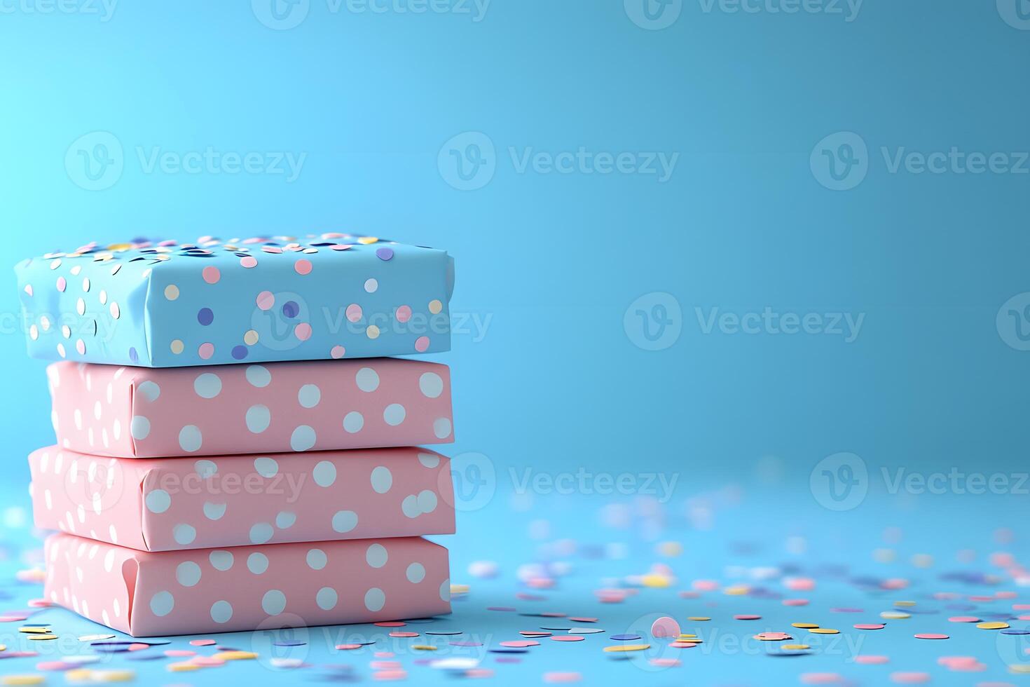 Colorful Stacked Gift Boxes with Polka Dot Wrapping on Light Blue Background photo