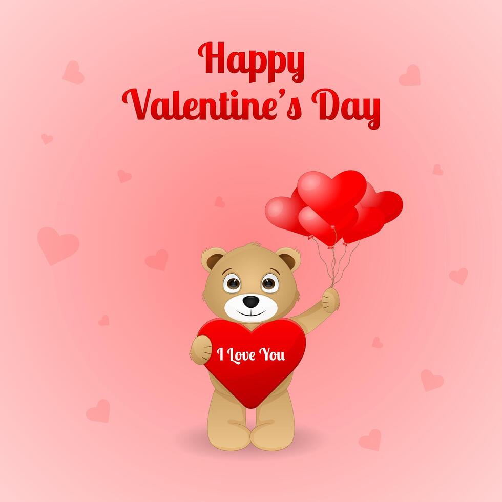 Valentine card with Teddy bear standing with heart and balloons vector