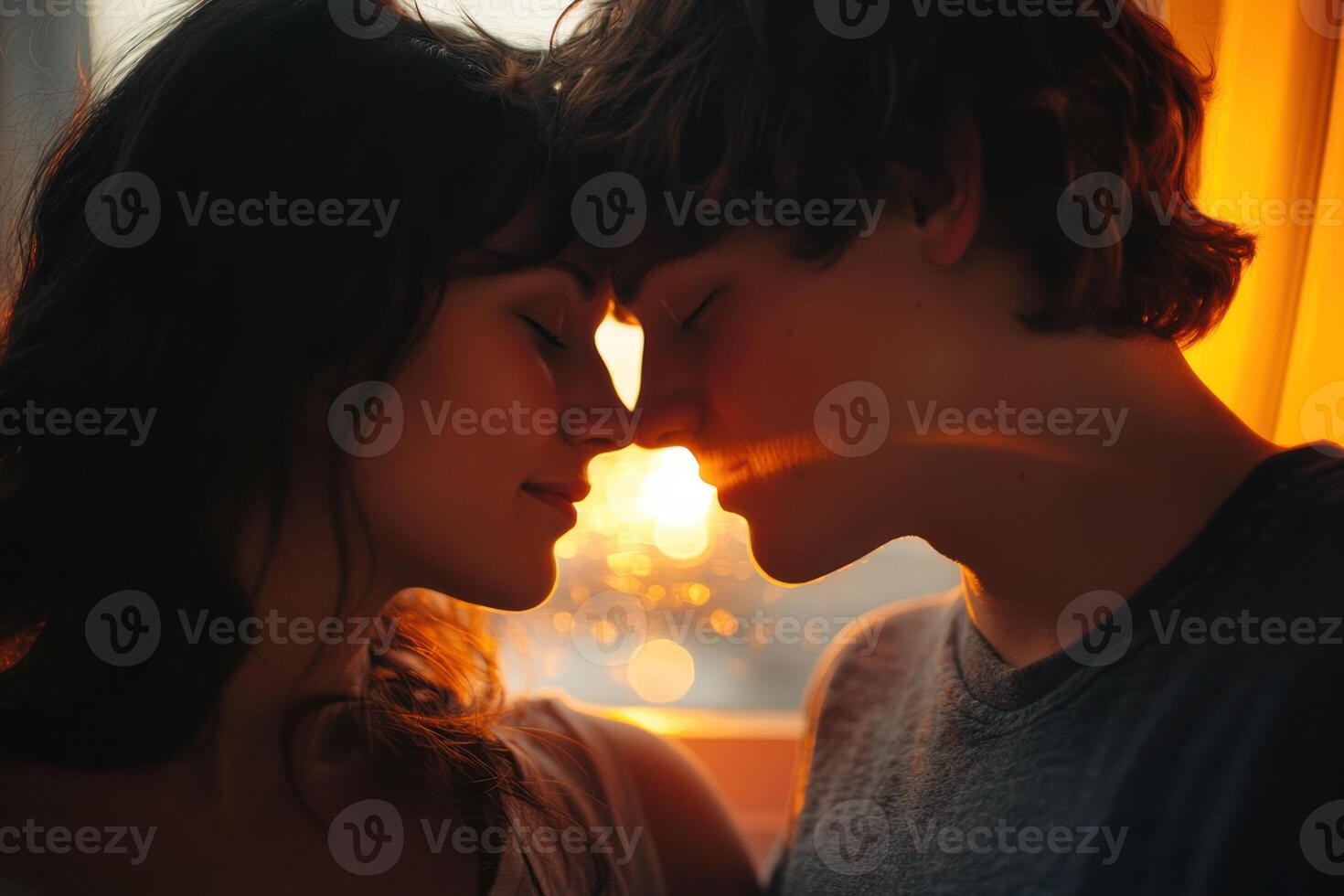couple gazing into each other eyes, sharing strong emotional connection soft lighting. Their romantic love creates intimate photo