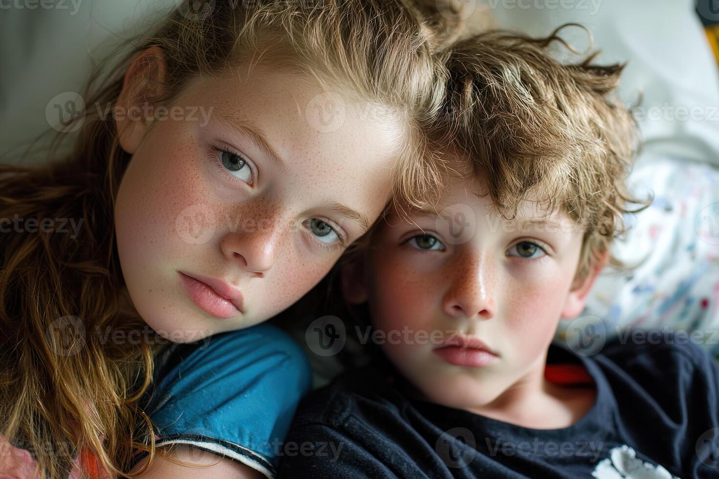 Teenager comforting younger sibling in soft bedroom setting, showing empathy and connection photo