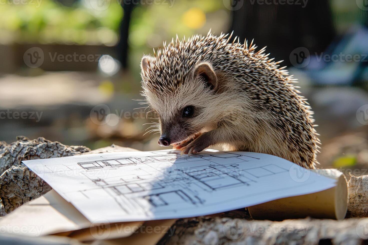 Hedgehog examining blueprint for mobile burrow, showcasing creativity and resourcefulness photo