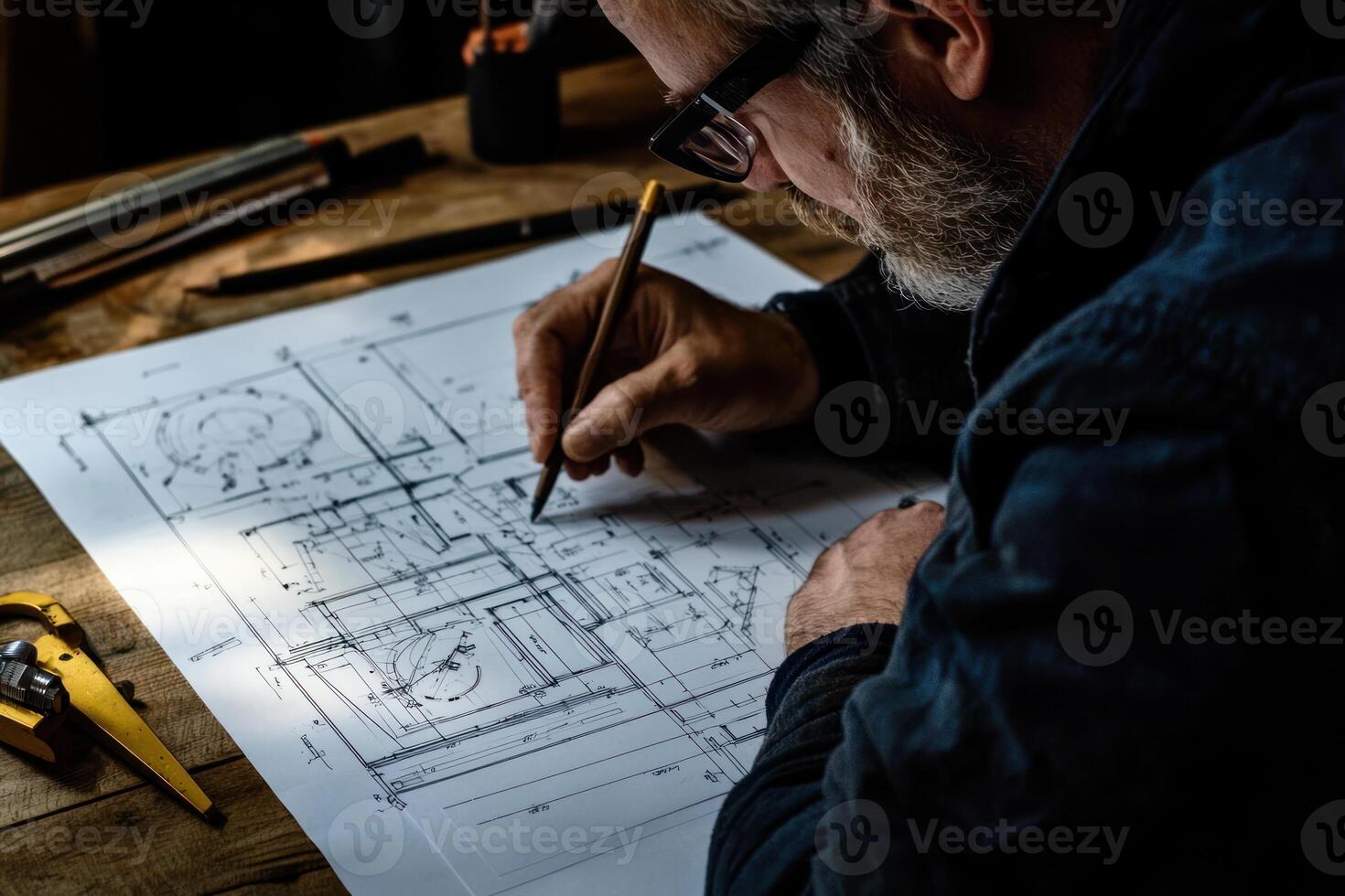 skilled engineer meticulously drafting detailed blueprint with precision photo